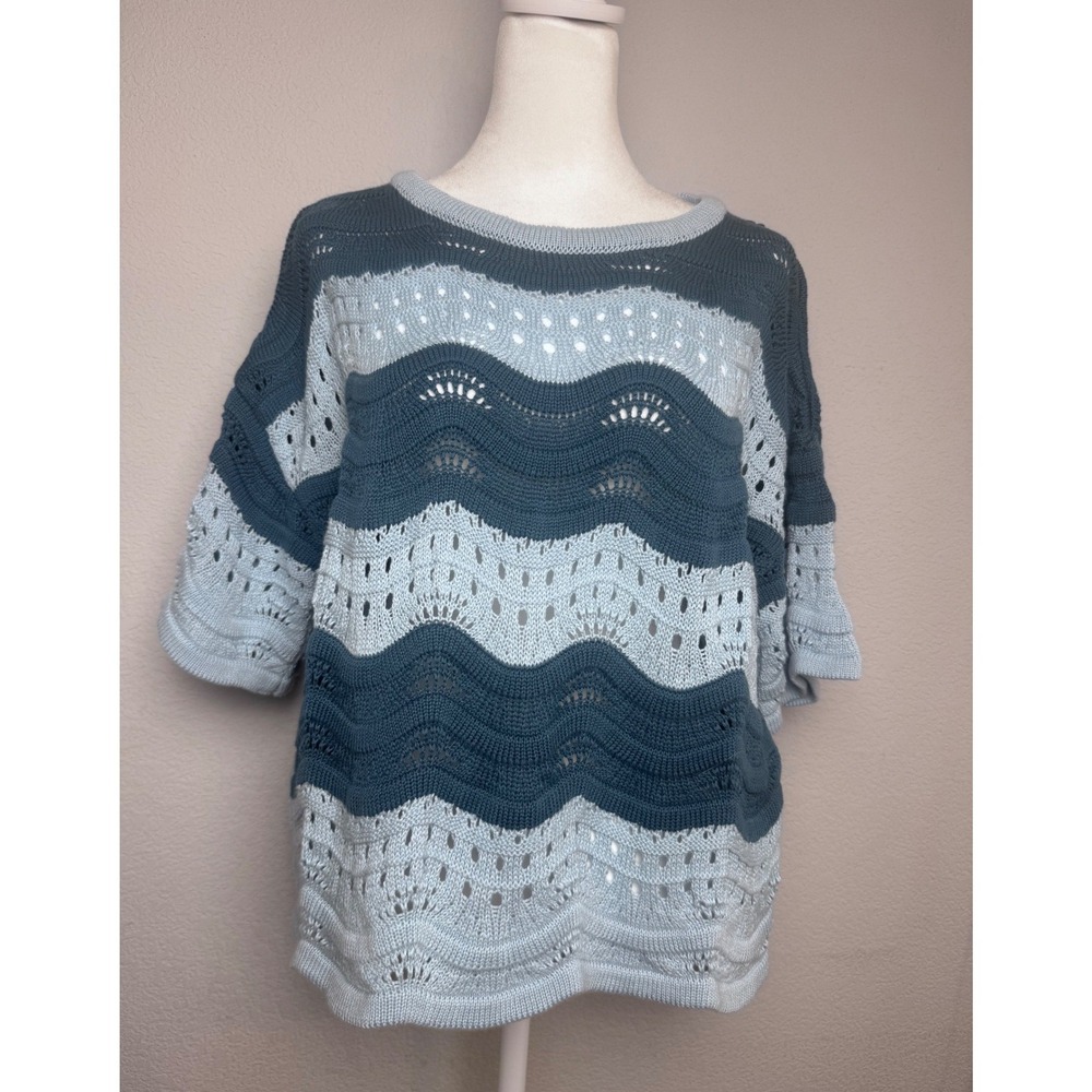 Anthropologie Blue Wave Pointelle Knit‎ Short Sleeve Sweater Top Medium NWT Boho